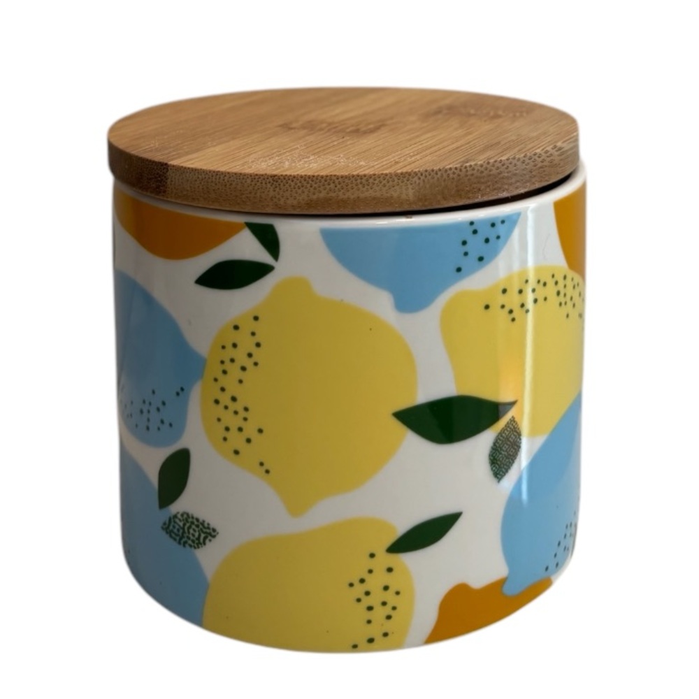Lemons 🍋 Lemon Canister Blue Yellow Orange w/ Bamboo Lid Ceramic Kitchen Y2K